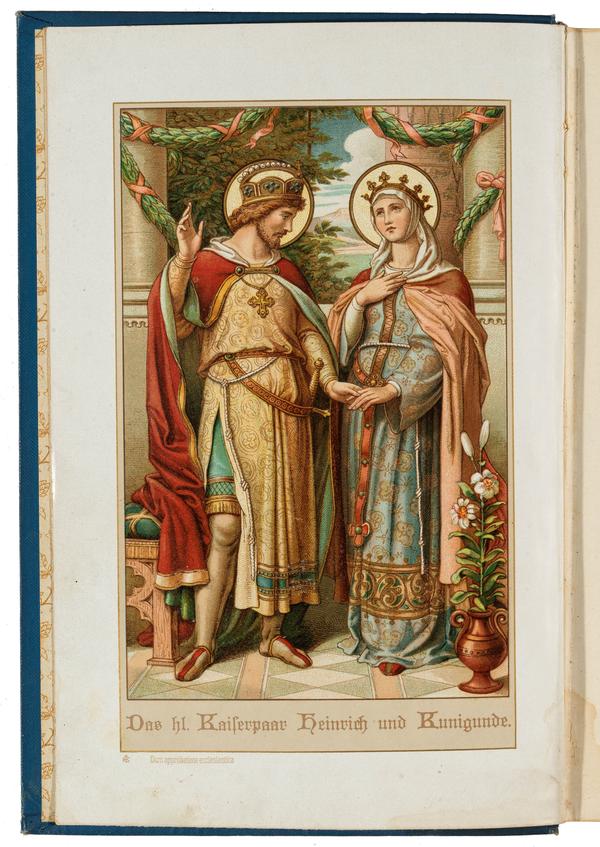 Heinrich und Kunigunde. Farblithografie aus Heinrich Müllers „Das heilige Kaiserpaar Heinrich und Kunigunde“. Steyl, 1903