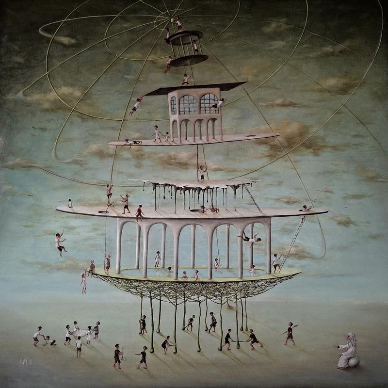 Ilze Smildzina: Der Turm zu Babel, der Wille Gottes, 2026, Ölfarbe auf Leinwand, 100 x 100 cm