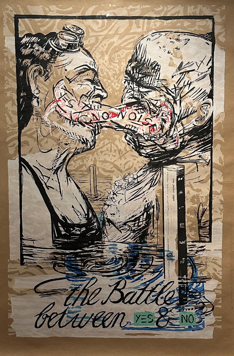 William Kentridge: THE BATTLE BETWEEN YES & NO (screenprint on brown paper)