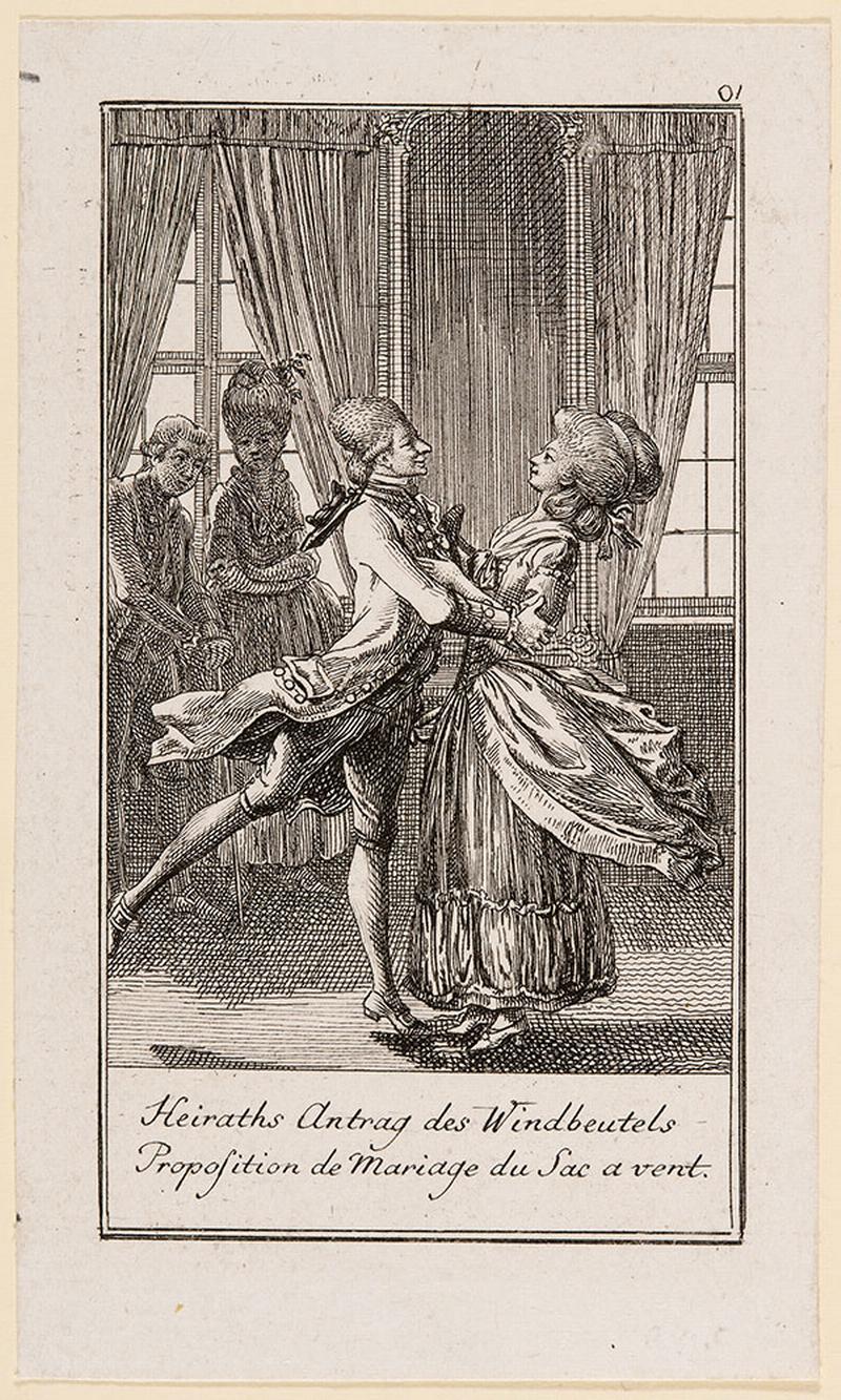 Daniel Nikolaus Chodowiecki (1726–1801), Heiraths Antrag des Windbeutels, aus der Serie „Heiratsanträge, Erste Folge“, Radierung, 1781, Kunstsammlungen der Veste Coburg, Inv.-Nr. IV,78,3455