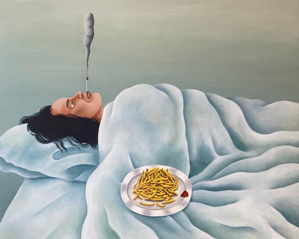 Joëlle Dubois Bed Habits (Hommage Annette Lemieux und Philip Guston), 2022 Acryl auf Holz 80 x 100 cm Privatsammlung 