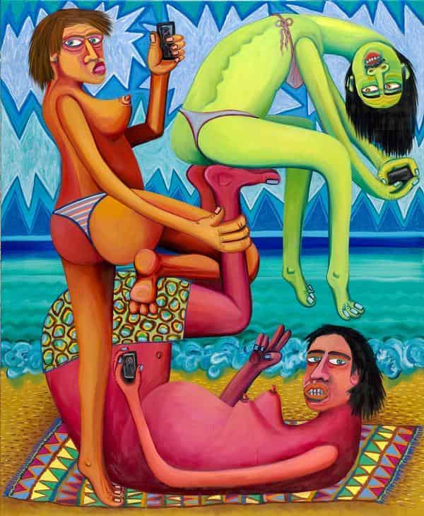 Oska Gutheil Selfies am Strand, 2021, Öl auf Leinwand