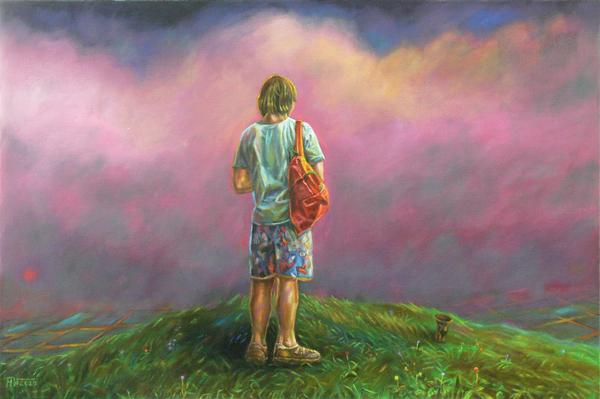 Junger Mann am roten Nebelmeer 2020 Öl, Leinwand 80 x 100 cm