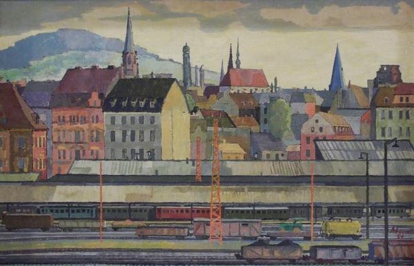 Willibald Blum, Ansicht des Aschaffenburger Bahnhofs, 1957, Öl/Sperrholz, 75 x 115 cm