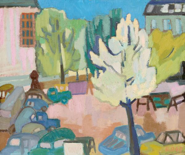 Elisabeth Dering, Blick auf den Marktplatz in Aschaffenburg, 1967, Öl/Karton, 50 x 60 cm, MSA Dep. AVG 12/2008
