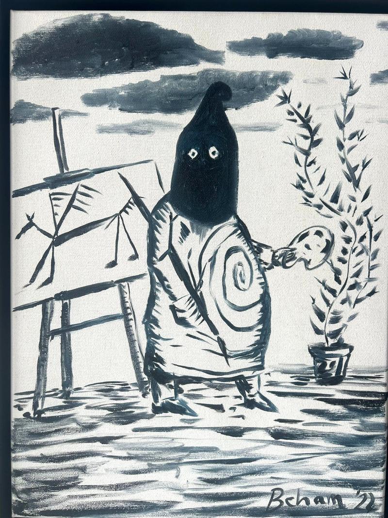 Sebastian Tröger, König Ubu malt heimlich schöne Bilder, 2022, Öl und Acryl auf Leinwand, 40 x 30 cm