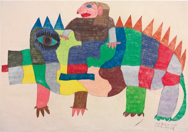 Laila Bachtiar, Krokodil Laila auf, 2001, 70 x 100 cm, Bleistift, Farbstifte