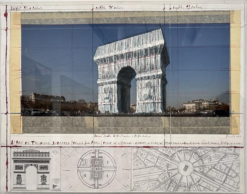 L’Arc de Triomphe, Wrapped (Project for Paris) – Place de l’Etoile – Charles de Gaulle 2019 Collage : Bleistift, Wachskreise, Emailfarbe, Foto Wolfgang Volz, technische Zeichnungen, handgezeichnete Karte auf Pergament und Klebeband Sammlung Würth