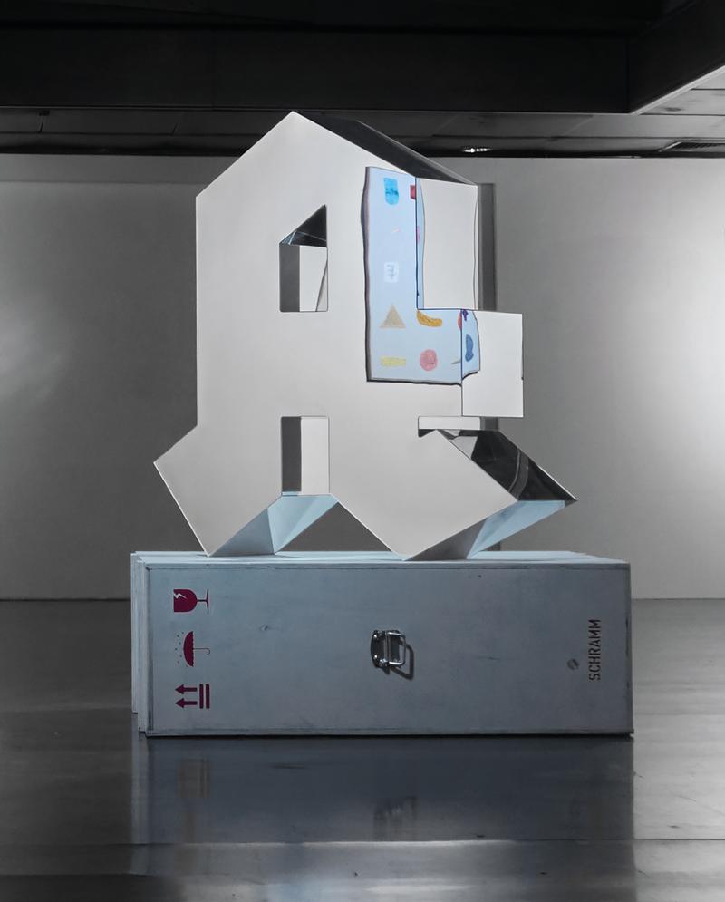 Lena Schramm: Reiseapotheke, 2023, Acrylglasspiegel, Holz, Metall, 130 x 121,5 x 43 cm Ausstellungsansicht „Alphamoderne“ Galerie Kai Erdmann, Basel