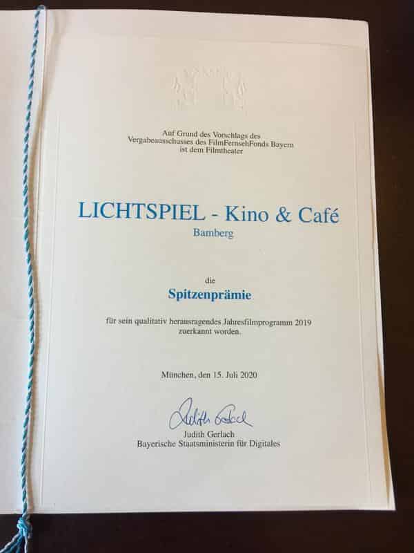 Urkunde des FilmFernsehFonds Bayern für das Lichtspiel Bamberg