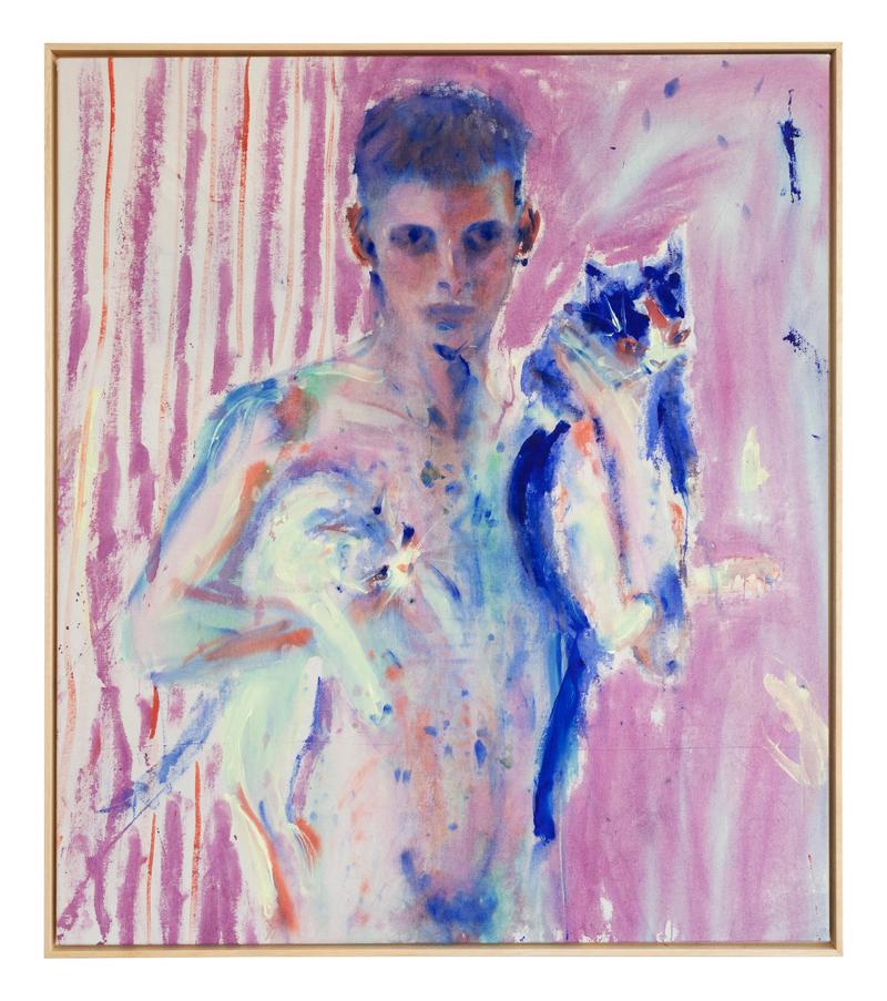 Me as Andrea Dora as Neptune by Bronzino, but with cats, 2023, Acryl auf Leinwand, 100 x 115 cm