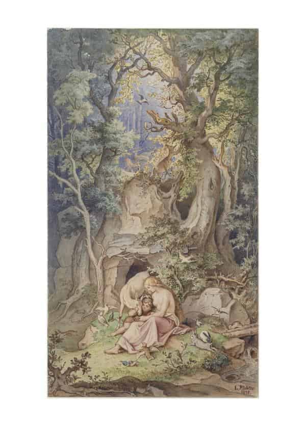 Ludwig Richter: Genoveva, 1848, Bleistift und Aquarell, 31,1 x 17,7 cm, Museum Georg Schäfer, Schweinfurt