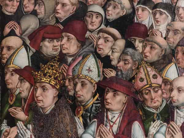 Ausschnitt aus Michael Wolgemut: Die Geistlichen Stände, Flügel eines Rosenkranztriptychons aus der Nürnberger Dominikanerkirche, 1488–89, Tafelmalerei, Nürnberg, Ev. Kirche St. Lorenz.