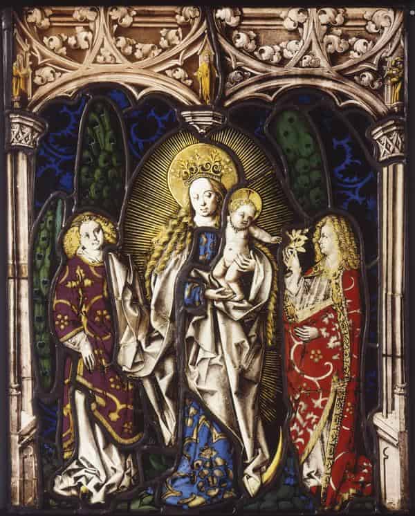 Maria mit Kind zwischen Engeln, Glasgemälde der Straßburger Werkstattgemeinschaft, um 1480