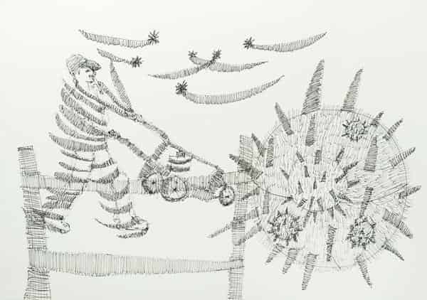 Alex Müller "Tag 1 c. Mähen", aus der Serie "Vom Mähen zum Frieden", 2020 Zeichnung, 420 x 297 mm, Courtesy die Künstlerin