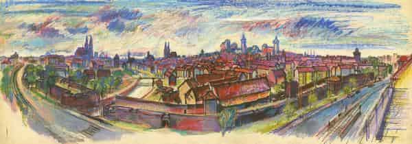 Friedrich Neubauer: Panoramablick vom Laufertorgraben auf die Altstadt, Ölkreide über Lichtpause, um 1970.