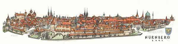 Pablo de la Riestra: Panorama der Nürnberger Altstadt, gesehen vom Dachgarten Westtorgraben 15, kolorierter Holzschnitt, 2009.