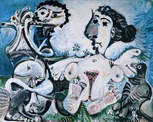Pablo Picasso: Nackte Frau mit Vogel und Flötenspieler, 1967, Öl auf Leinwand