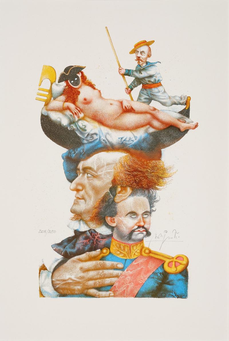 Michael Mathias Prechtl, Richard Wagner – Veni etiam, 1982, Offset-Lithographie auf Papier, 38 x 23 cm, Sammlung Kunstvilla