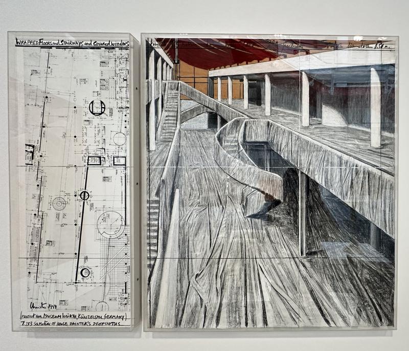 Christo und Jeanne-Claude, Wrapped Floors und Stairways and Covered Windows (Project for Museum Würth, Künzelsau, Germany) 1994, Collage in zwei Teilen: Bleistift, Stoff, Emailfarbe, Pastell, Kohle, braunes Packpapier und technische Daten,
