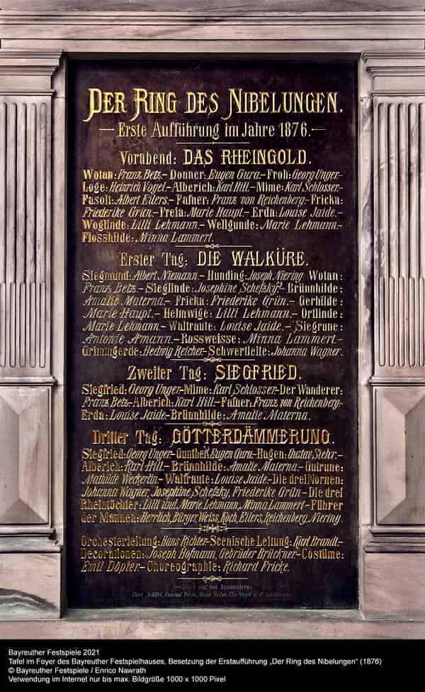 Tafel im Foyer des Bayreuther Festspielhauses, Besetzung der Erstaufführung "Der Ring der Nibelungen" (1876)