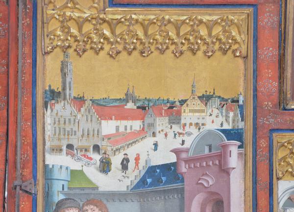 Der Rothenburger Marktplatz-Auszug aus dem Zwölf-Boten-Altar in der Kirche St. Jakob, Maler. Friedrich Herlin, 1466