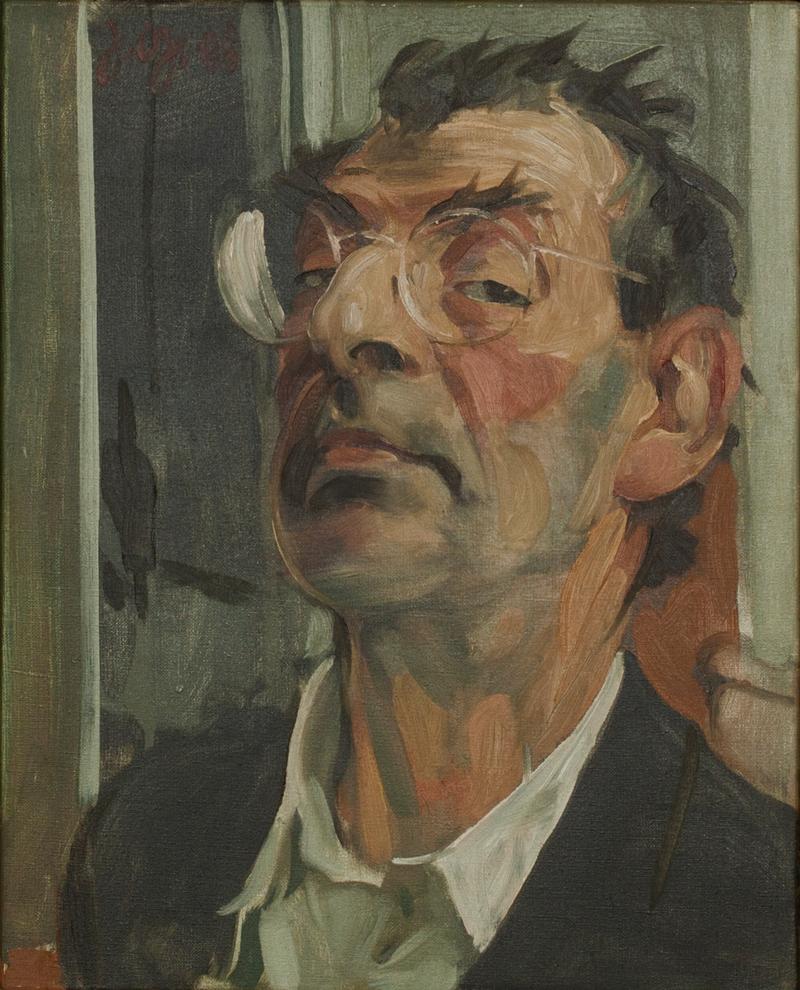 Johannes Grützke, Von oben herab blickend (Selbstporträt), 2008, Öl auf Leinwand, 50 × 40 cm, Privatsammlung