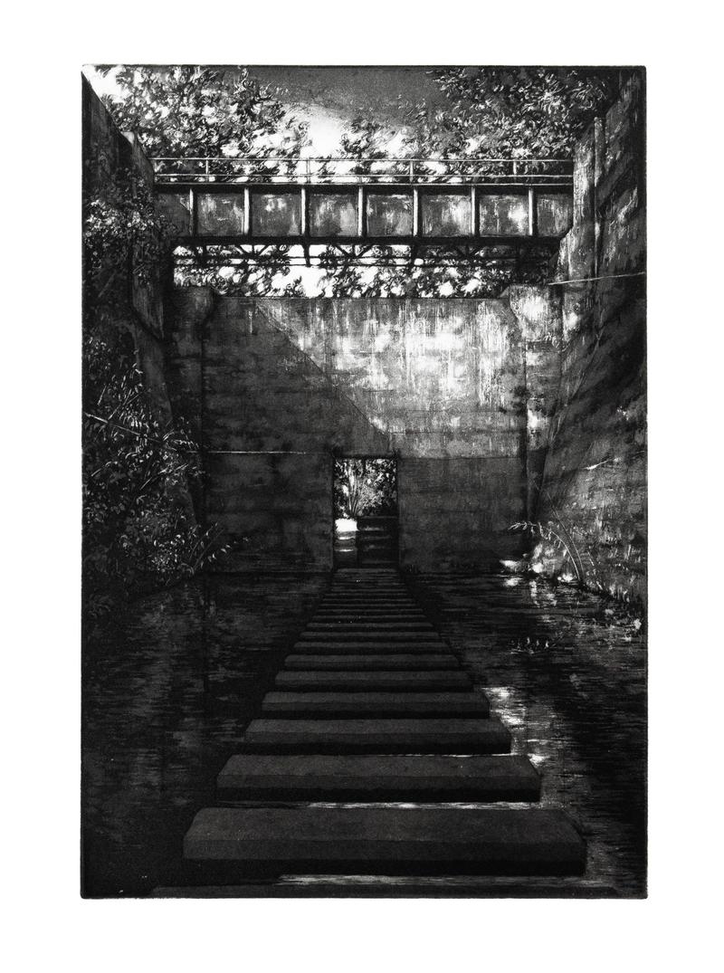 Stefanie Hofer, Bunker Aquatinta, Weichgrund auf Bütten, 48 x 35 cm, 2022