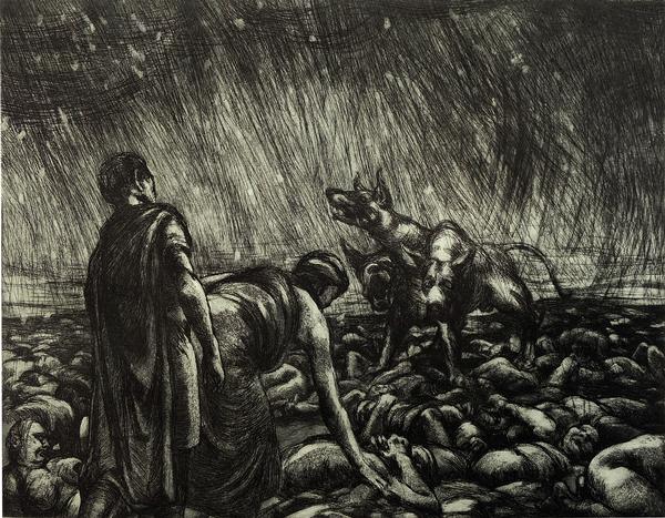 Martin Stommel: Cerberus und die Völler, Aquatintaradierung, ca. 31x40cm, 2000-2006