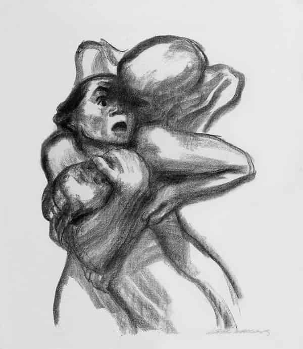 Käthe Kollwitz: Tod packt eine Frau, 1934, Kreidelithographie; Stadtmuseum Tübingen