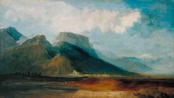 Grenoble Seen from the River Drac with Mont Blanc in the Distance / Grenoble vom Fluss Drac aus gesehen mit dem Mont Blanc in der Ferne, ca. 1802, Joseph Mallord William Turner (1775-1851). Tate: Accepted by the nation as part of the Turner Bequest 1856 