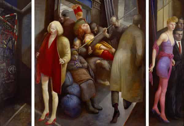 Volker Stelzmann, Berliner Nacht, 1989 (Triptychon), Öl auf Hartfaser, 200 x 52,5 cm, 200 x 178 cm, 200 x 58 cm