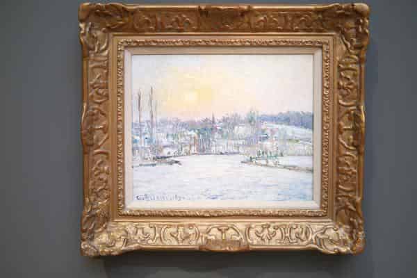 Camille Pissarro (1830 - 1903): Blick auf Bazincourt, Schnee, Sonnenuntergang