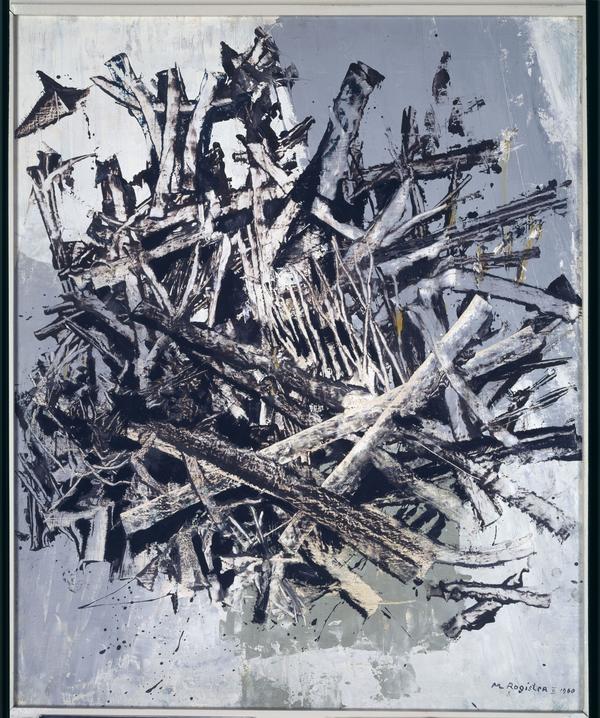 Marie-Louise von Rogister, Fallende Stämme, 1960, Öl auf Hartfaserplatte, 65 x 53,5 cm, Hessen Kassel Heritage, Neue Galerie
