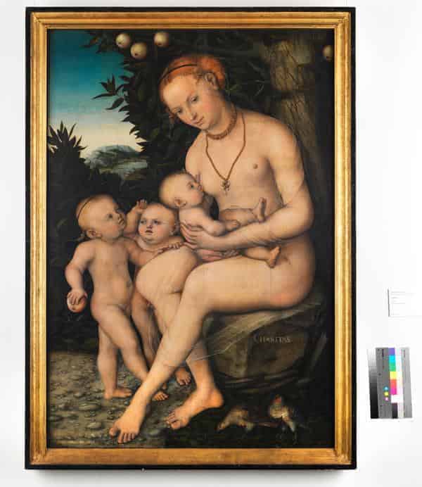 Lucas Cranach d. J., Caritas, um 1540, ölhaltige Farbe auf Rotbuchenholztafel, 120,6 x 82,5 cm, KSW, Museen, Inv. G 20