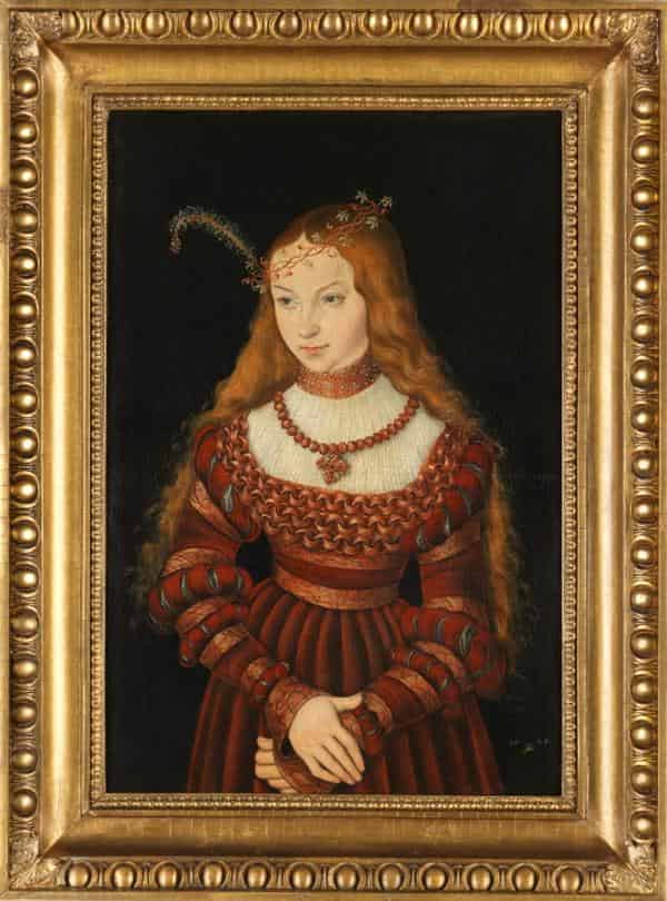 Lucas Cranach d. Ä., Sibylle von Kleve als Braut, 1526, ölhaltige Farbe auf Rotbuchenholztafel, 57,0 x 38,8 cm, KSW, Museen, Inv. G 12