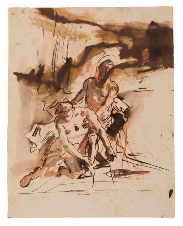 Giambattista Tiepolo, Zu Boden gesunkener Jüngling in den Armen einer männlichen Figur 1752/53 Rötel, braune Feder, braun und grau laviert, auf graubraunem Papier, 36,9 × 29,2 cm Würzburg, Martin von Wagner Museum der Universität Würzburg, Inv. Hz 7912r 
