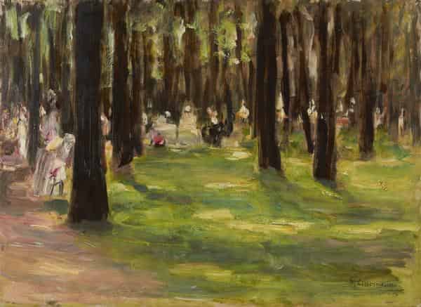 Max Liebermann, Im Berliner Tiergarten, 1915, Öl auf Holz, 35,5 x 48,5 cm, LENTOS Kunstmuseum Linz, erworben von Wolfgang Gurlitt 1952