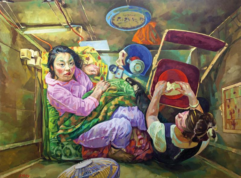 Xenia Hausner, Cage People, 2014, Öl und Acryl auf Dibond, 260 x 350 cm, Foto_ Studio Xenia Hauser