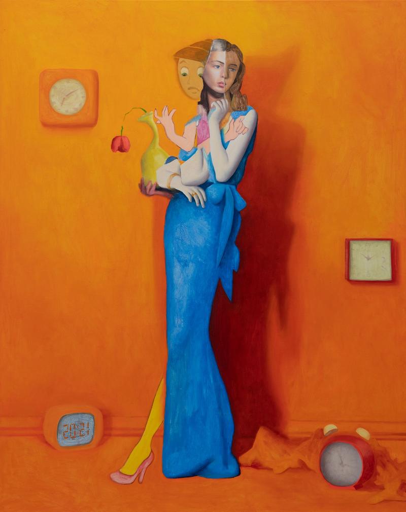 Zohar Fraiman, Clock, Work, Orange, 2022, Öl auf Leinwand, 170 x 135 cm