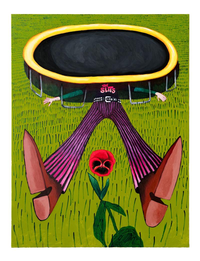 Eva Nüßlein, Zum Stiefmütterchen lege ich mich unter euer Trampolin und gräme mich, 2025, Acryl auf Leinwand, 170 x 130 cm